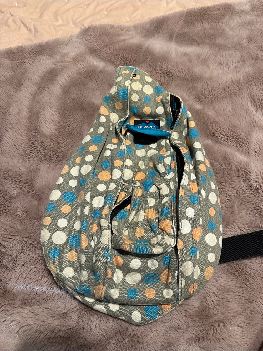 KAVU Gray Polka Dot Rope Sling Bag with Blue and Tan Dots